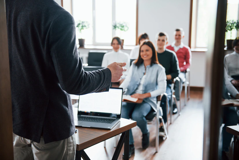 cheerful mood group people business conference modern classroom daytime 146671 16287