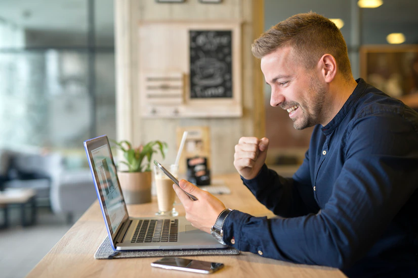 happy freelancer with tablet laptop computer coffee shop 342744 942