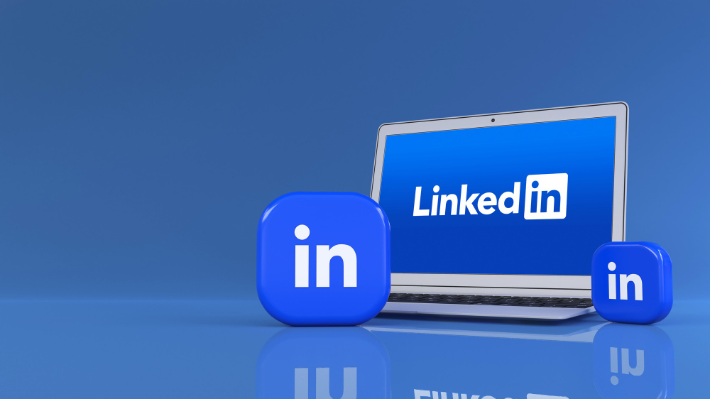 3d rendering two linkedin square badges front notebook blue background