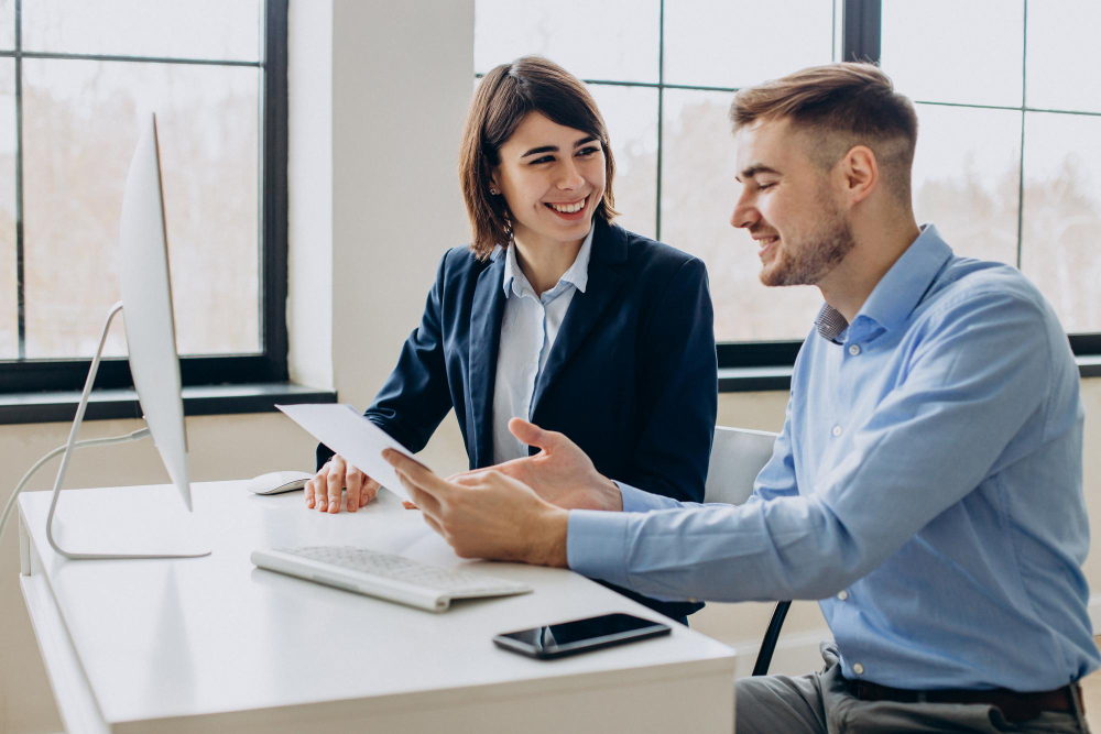 business team working office discussing job issues