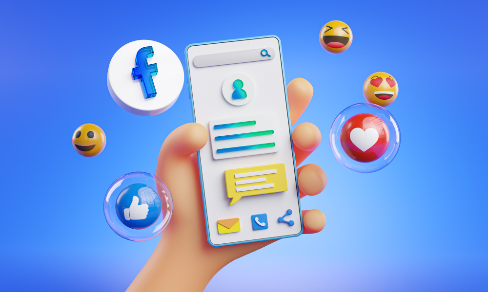 cute hand holding phone facebook icons around 3d rendering