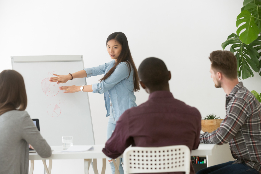 serious asian businesswoman giving presentation multiracial team with flipchart