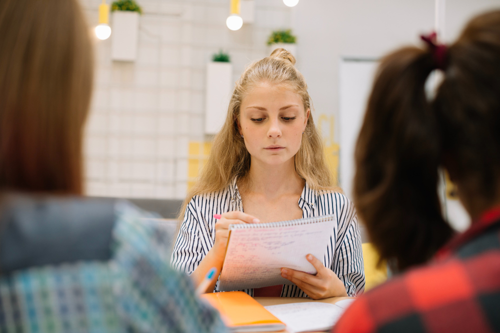 stylish woman studying table