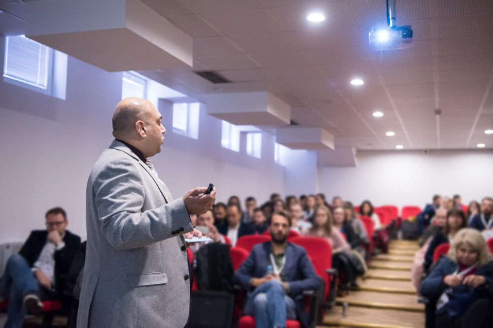 young successful businessman business conference room with public giving presentations audience conference hall entrepreneurship club