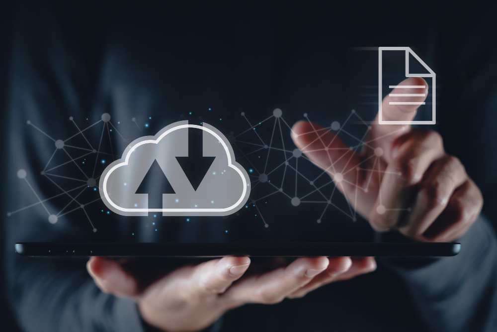 man using digital tablet with virtual cloud computing with connection line cloud computing system