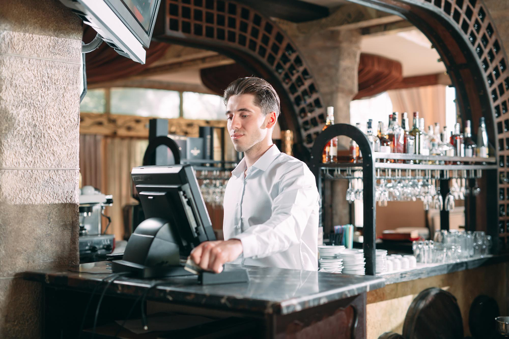 small business people service concept happy man waiter apron counter with cashbox working bar coffee shop