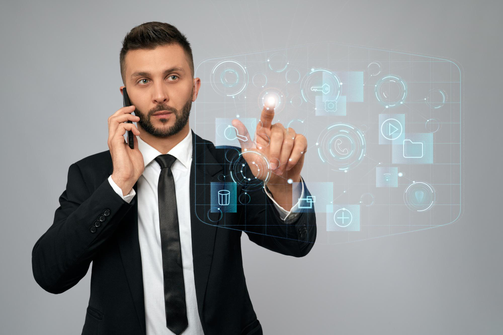 young businessman clicking virtual button